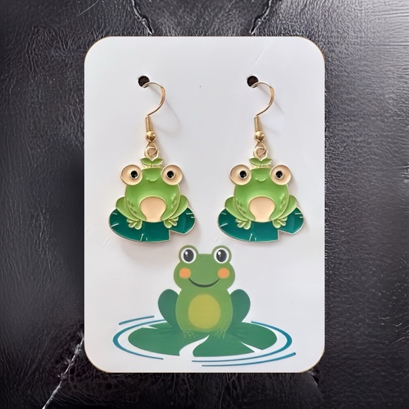 New Handmade "Frog on a Lily Pad" Dangle Earrings (1.6" long x 0.8" wide) - Picture 2 of 10